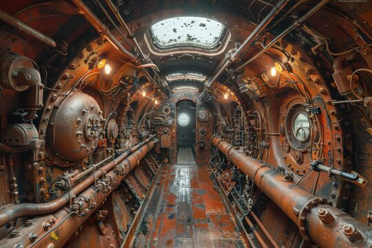 Interior view of an old submarine with equipment and portholes docked harbor