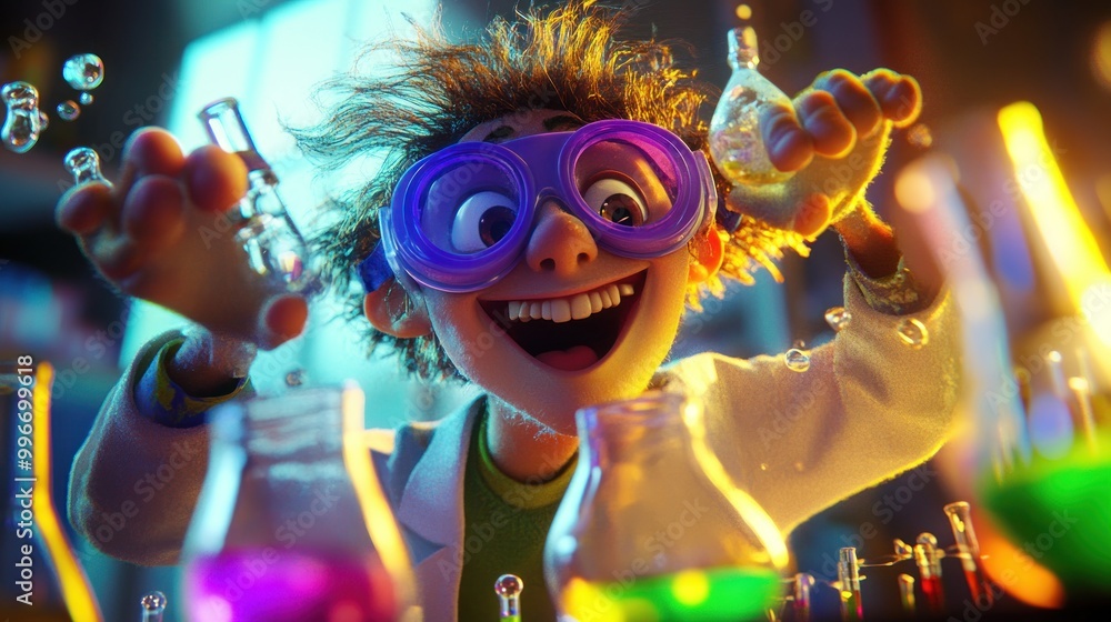 Aufkleber a young scientist joyfully experimenting with colorful liquids in a lab setting.