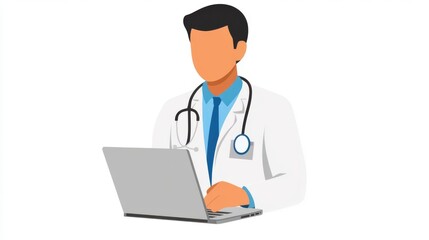 Illustration of a doctor using a laptop computer, wearing a white coat and stethoscope, isolated on a white background.