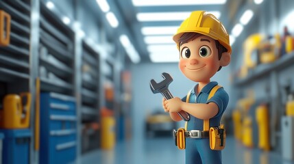 Cute Mechanic Character in 3D Clipart Style