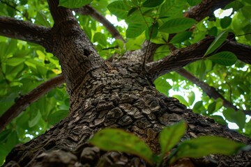 Fototapeta premium A tree trunk is shown in a close up, with the leaves and branches visible
