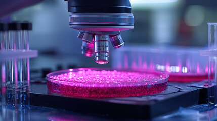 A digital microscope is focused on petri dish filled with vibrant pink gel, surrounded by laboratory test tubes, showcasing advanced research techniques
