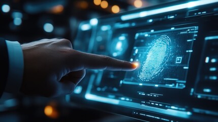 Fototapeta premium A hand interacting with a futuristic digital fingerprint scanner interface.