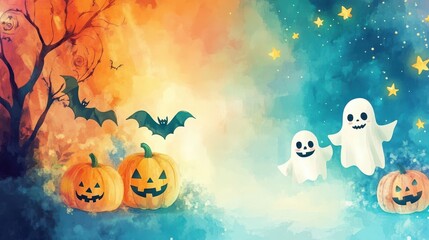 Adorable bats and ghosts playing in a colorful watercolor scene, with smiling pumpkins and twinkling stars in the background 