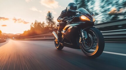 Fototapeta premium A motorcycle rider speeds down a road at sunset, creating a blur of motion.