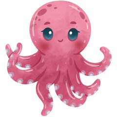 Cute Octopus Cartoon Sea Animals Watercolor Illustration