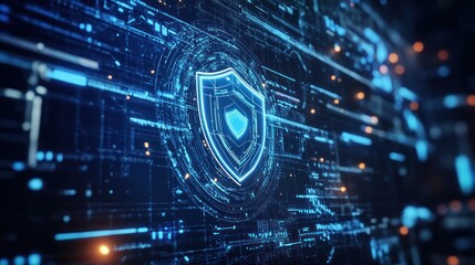 Fototapeta premium A digital shield symbolizing cybersecurity and data protection in a futuristic interface.