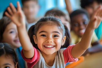 children smiles in the classroom full with wooden tables