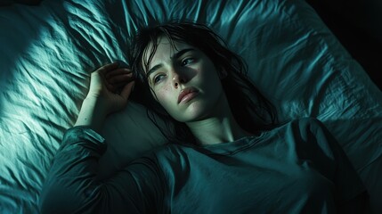 A woman lying on a bed in a dimly lit room, reflecting on her thoughts late at night