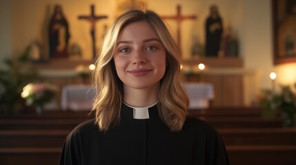 Young Female Priest in Black Clerical Robe Standing in Church with Religious Figures and Crosses in Background for Worship, Faith, Cultural Diversity