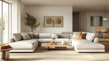 Fototapeta premium Bright and inviting contemporary living space showcasing a large comfortable sectional sofa in a neutral tone clean lined and uncluttered design aesthetic accented by natural elements
