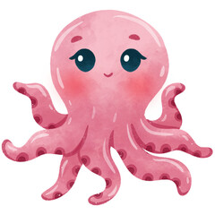 Cute Octopus Cartoon Sea Animals Watercolor Illustration