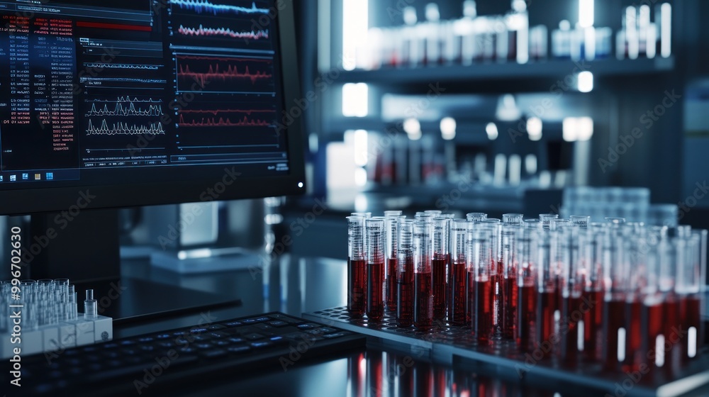 Poster laboratory scene with test tubes and computer analysis for scientific research.