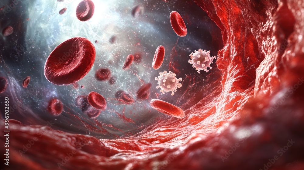 Poster a microscopic view of blood cells and pathogens in a dynamic bloodstream environment.