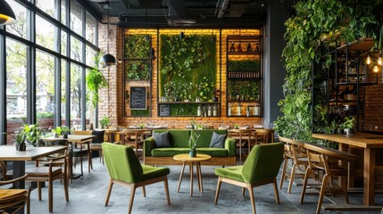 Interior of a trendy vegan restaurant with green decor, plants, and eco-friendly furniture.
