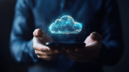Person holding a smartphone with a glowing cloud icon above it.