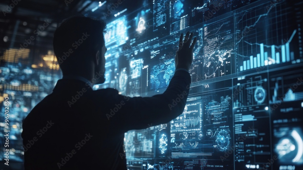 Poster a professional interacting with a futuristic digital interface displaying data and analytics.