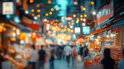 Blurred Night Market Scene with String Lights and People