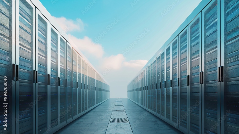 Poster a cloud server farm with rows of identical servers under a clear sky