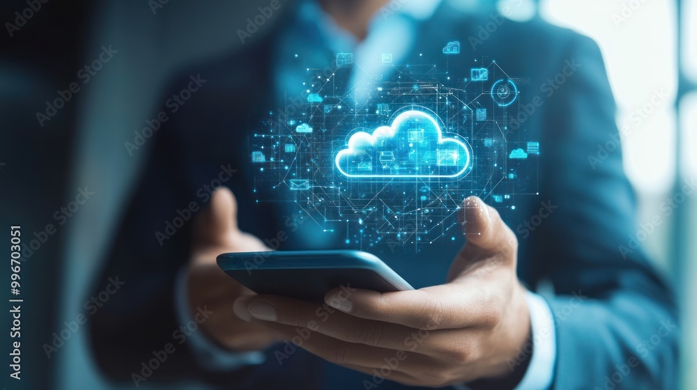 Wall mural businessman using smartphone with cloud computing and network technology hologram.