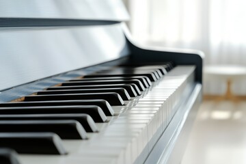 a close-up of piano keys with soft lighting in the background