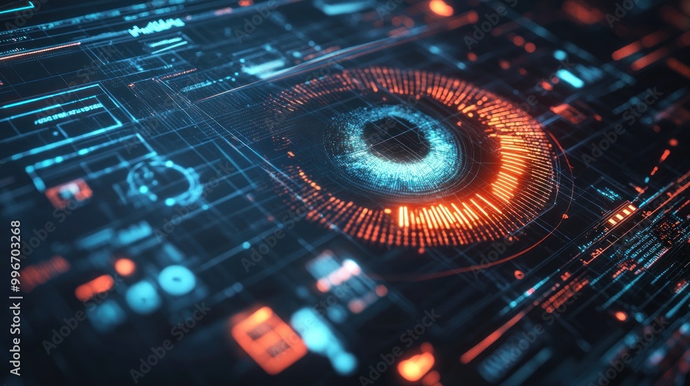 Poster a futuristic digital eye surrounded by glowing circuits and data patterns.