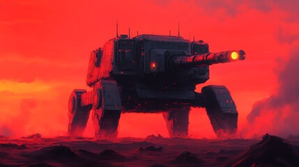 Fototapeta premium A futuristic tank silhouette emerges against a dramatic fiery sky, showcasing power and intensity in a dystopian environment.