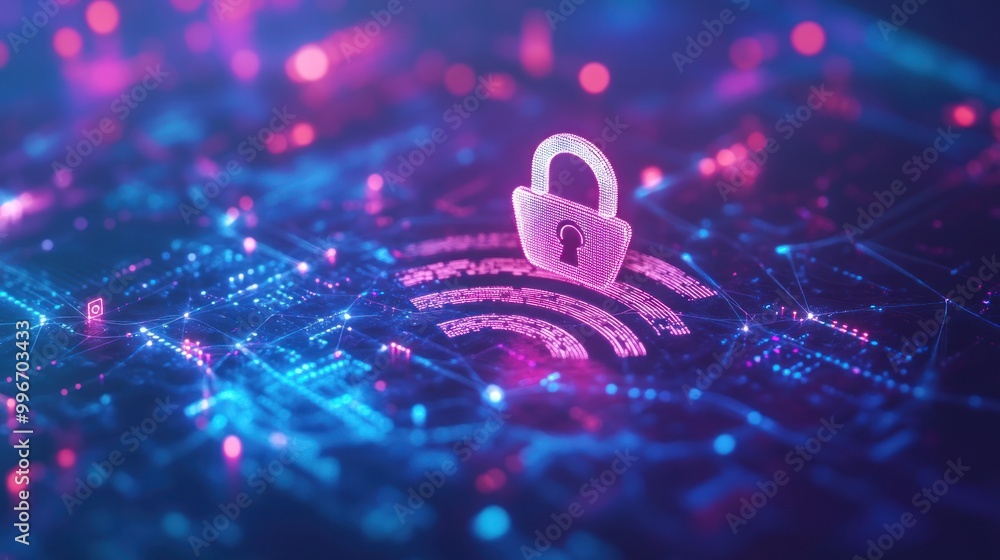 Poster digital lock symbolizing cybersecurity on a network background.