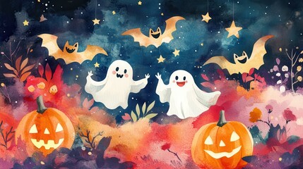 Enchanting Halloween Night with Bats, Ghosts, Pumpkins, and Stars in Watercolor Fantasy