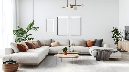 Obraz premium Bright and Inviting Modern Scandinavian Inspired Living Room with Comfortable Sectional Sofa Minimalist Decor Natural Wood Accents and Potted Plants