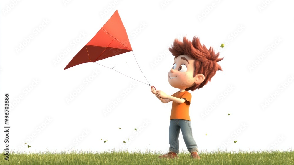 Poster A young boy joyfully flying a red kite in a grassy field.