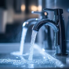 A close-up of a chrome faucet with water flowing from the spout into a sink, creating a splashing effect.