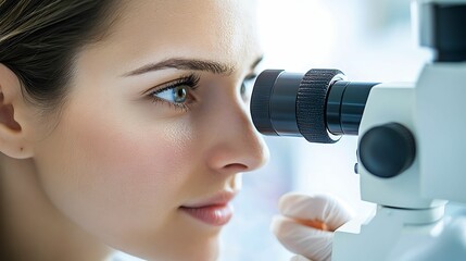 Close-up of a focused scientist looking through a microscope, conducting research in a laboratory setting, symbolizing precision and scientific discovery.