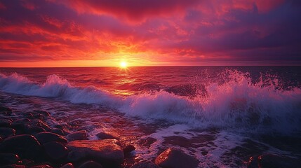 Naklejka premium Sunset over the ocean with crashing waves and rocky shoreline