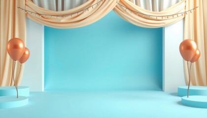 Blue backdrop with peach curtains and balloons.
