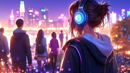 Naklejka premium Anime girl with headphones in a cyberpunk cityscape.