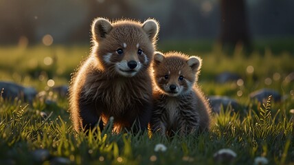 Cute Baby wild Animals Playing in the Meadow Suitable for cuteness themes or events involving pets.