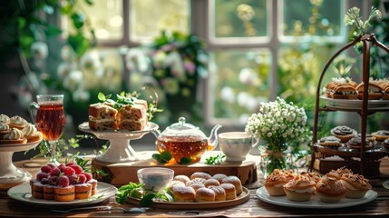 Tea time, traditional English tea ceremony with Afternoon tea cakes, sandwiches and teapot with hot tea. Sweet tasty cakes and desserts with greenery on background.