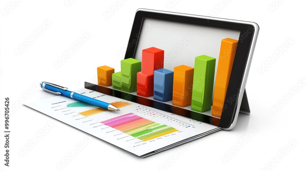 Poster a tablet displaying bar graphs and charts, symbolizing data analysis and business insights.