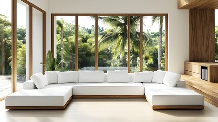 Fototapeta premium Bright and open contemporary living room featuring a large L shaped white sofa minimalist wood and color accents expansive windows overlooking a lush outdoor scene