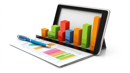 A tablet displaying bar graphs and charts, symbolizing data analysis and business insights.