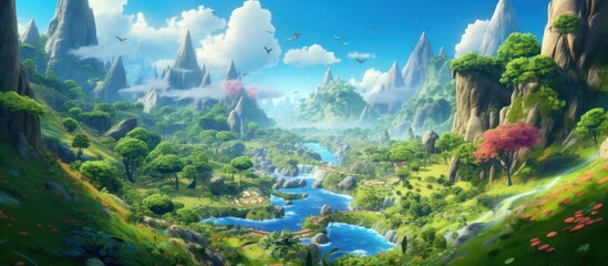 Lush Mountain Valley with Waterfall