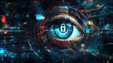 An eye with a lock symbol, surrounded by digital data, symbolizing cybersecurity and surveillance.