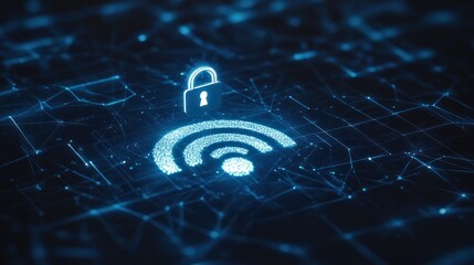 A digital representation of a secure Wi-Fi connection symbol with a lock.