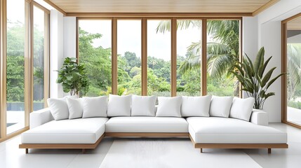 Bright and open contemporary living room with large L shaped white sofa minimalist wood and color accents expansive windows overlooking a lush outdoor scene