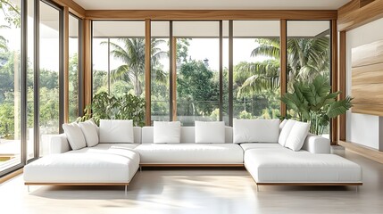 Fototapeta premium Bright and open contemporary living room with large L shaped white sofa minimalist wood and color accents expansive windows overlooking a lush outdoor scene