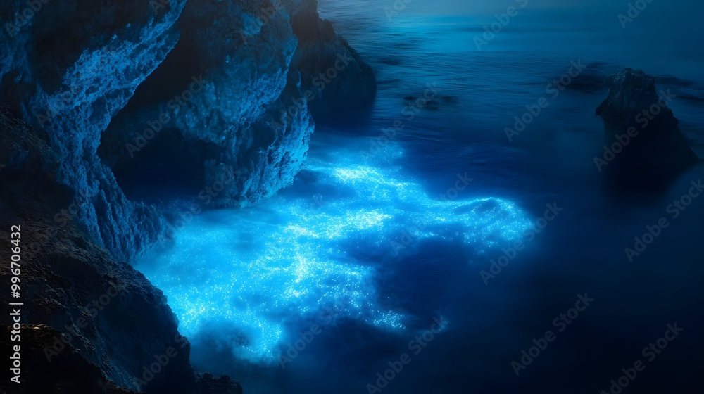 Poster captivating glowing bioluminescent display of vibrant colorful lifeforms and organisms in the deep m