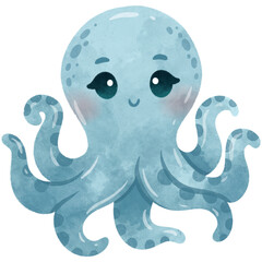 Cute Octopus Cartoon Sea Animals Watercolor Illustration
