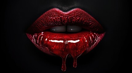 Close-up of red lipstick dripping from a woman's lips.