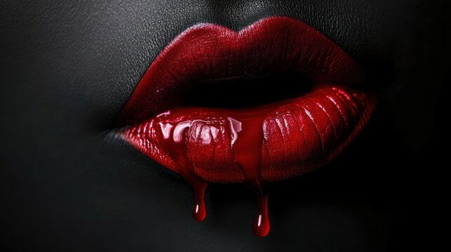 Close up of red lips with dripping blood.